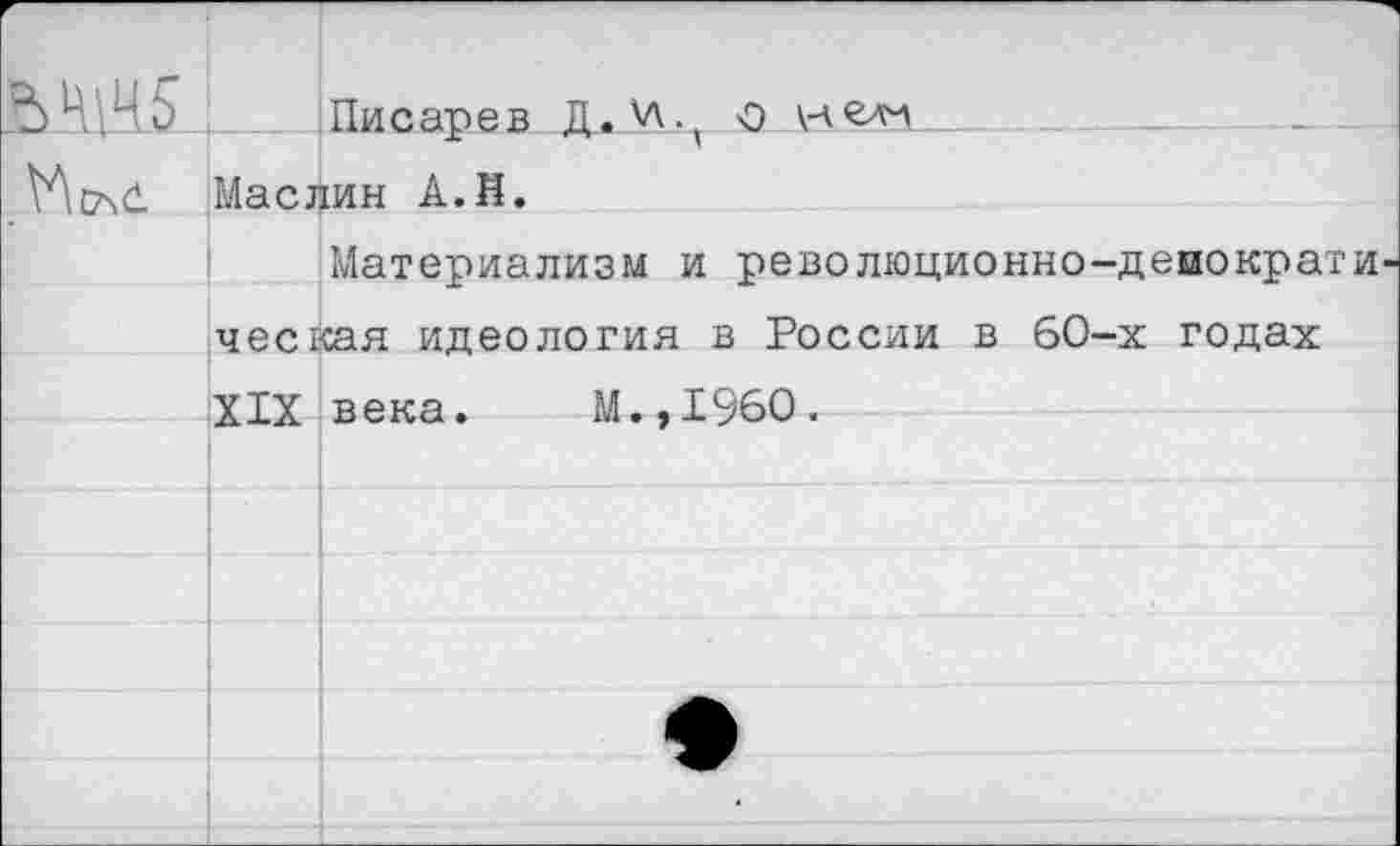 ﻿Писарев О Маслин А.И.
Материализм и революционно-демократи ческая идеология в России в 60-х годах XIX века. М.,1960.